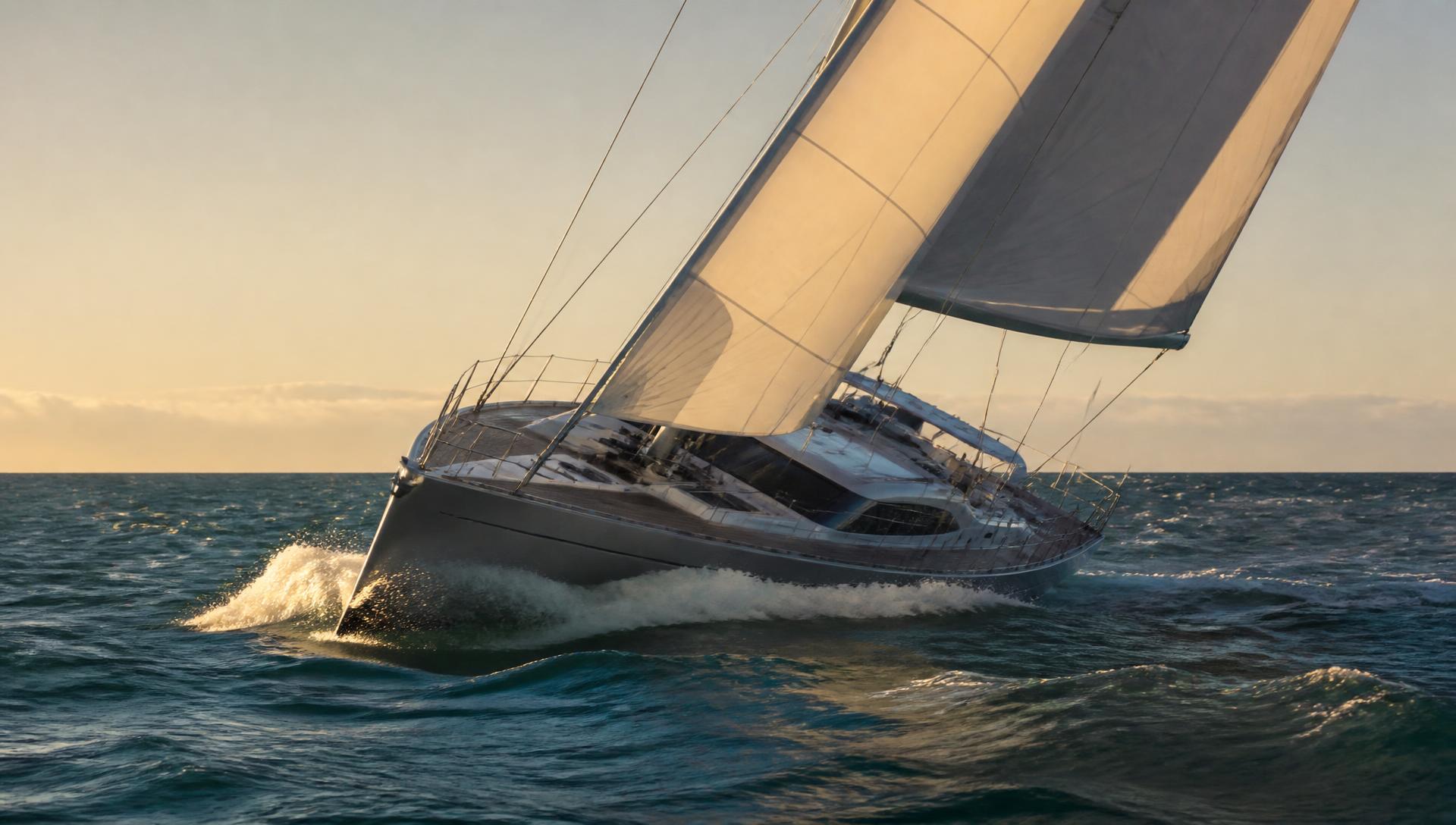 Sailing yacht under full sail on open sea at golden hour